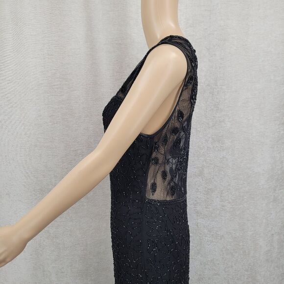 Brilliante Vintage Silk Column Black Dress Beaded Formal Illusion Neck and Back - Picture 9 of 16
